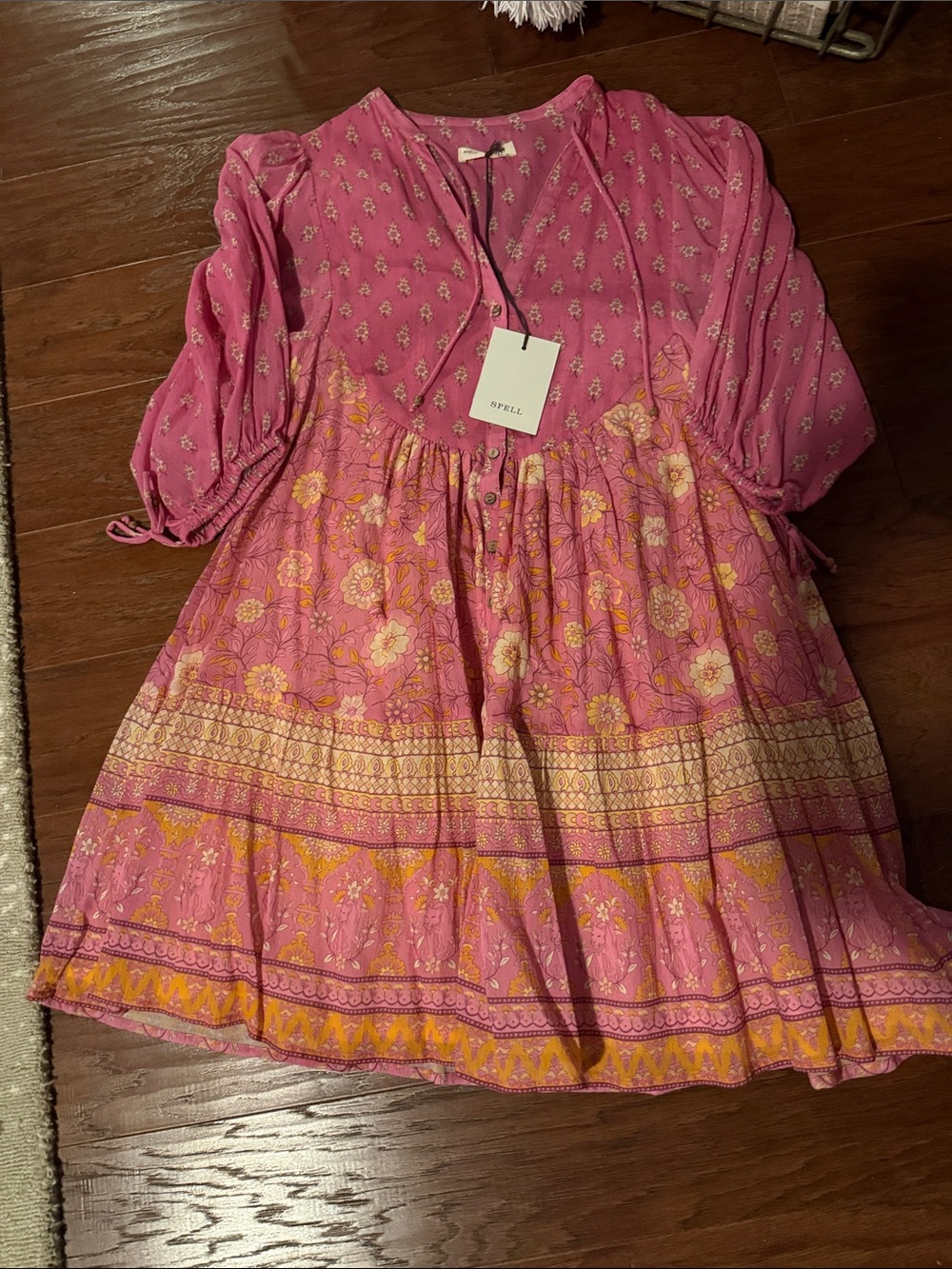 Spell Pink Floral Tiered womens Dress with pale Yellow Accent flowers. Xs New